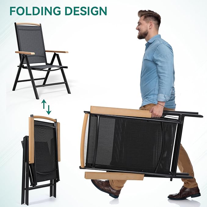 YITAHOME Aluminum Folding Patio Chairs Set of 4 Portable Patio Folding Chairs w/ 8-Position Backrest Breathable Folding Outdoor Chairs w/Sturdy Frame for Indoor &amp Outdoor Activities Black