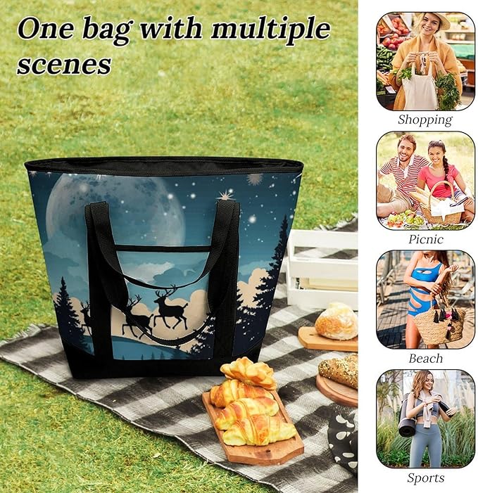 Insulated Shopping BagLarge Reusable Cooler Bags Christmas Winter Printed Foldable Shopping BagTravel Waterproof Shoulder Bag
