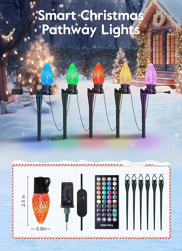 Brightown Smart C9 LED Christmas Lights Outdoor House 50Ft 75 LED RGB Christmas Pathway Lights with 58 Preset Modes App or Remote Control Music Sync Memory and Timer Function for Indoor/Outside