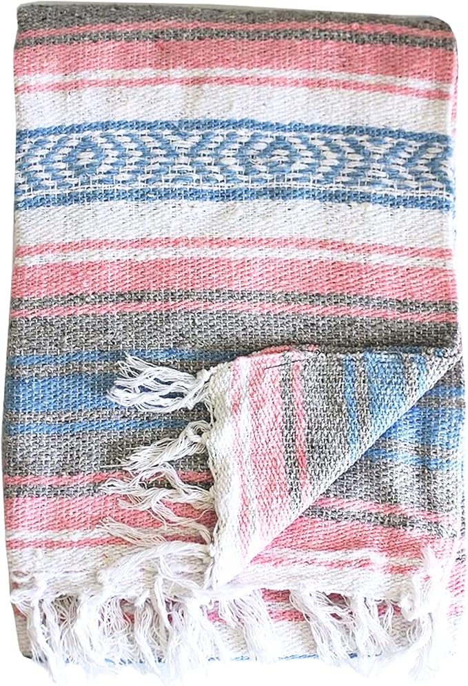 Del Mex Classic Mexican Blanket Large Authentic Woven Falsa Throw (70x50) Artisan Southwest Décor for Beach Yoga Outdoors (Light Pink/Blue)