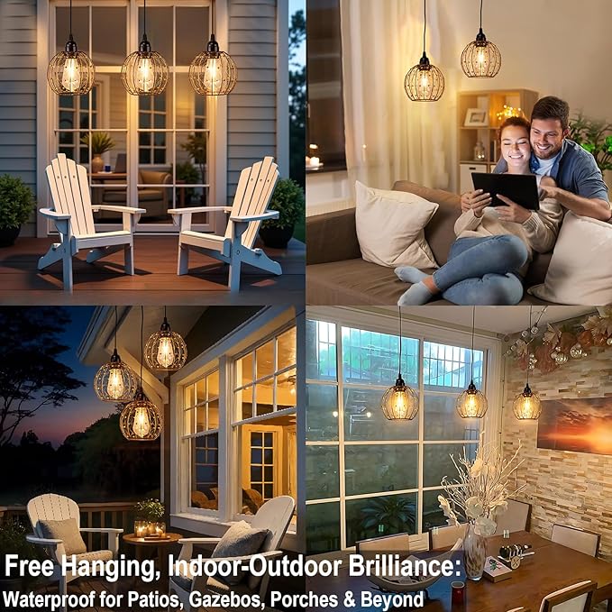 Hanging Pendant Lights Battery Operated Outdoor Chandelier with Warm White LED Bulb for Patio Tree Pergola Gazebo Porch (Beaded Ball-ST58-3PK)