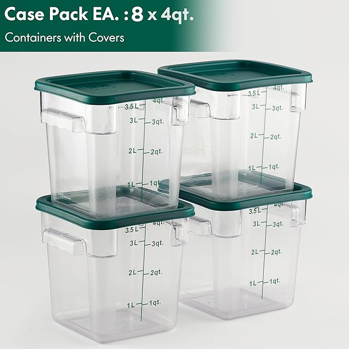 CURTA 8-Pack 4 Qt NSF Clear Polycarbonate Food Storage Containers with Green Lids - Square Commercial-Grade Freezer &amp Dishwasher Safe Stackable