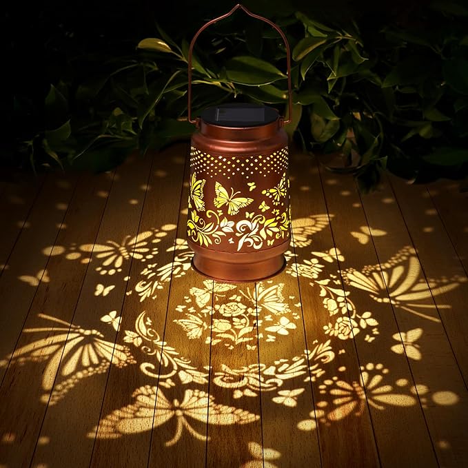 Solar Lanterns Outdoor Waterproof Butterfly Garden Decor Birthday Gifts for Women Mom Grandma Hanging Solar Lights Metal Lantern Decoration Outside for Yard Patio Backyard Porch