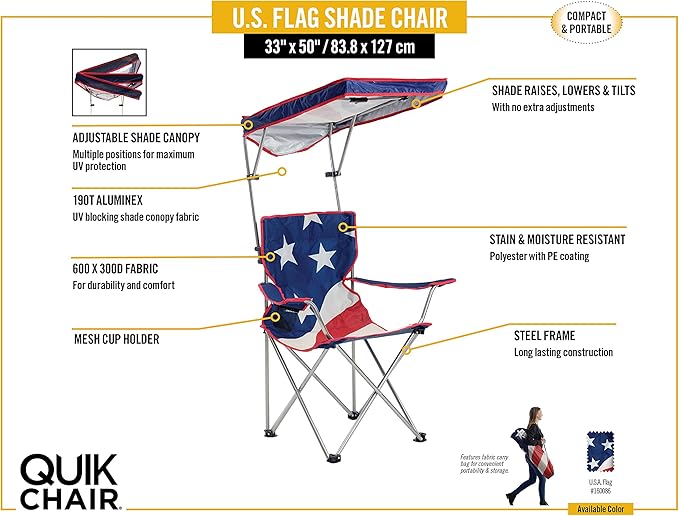 Quik Shade Adjustable Canopy Folding Shade Chair American Flag 0.8'l x 0.8'w x 1.3'h