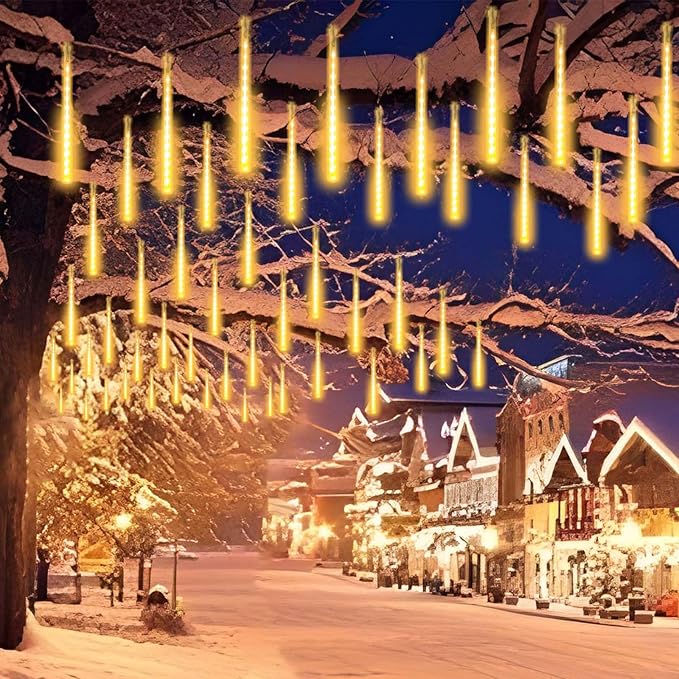 2 Pack Extendable Christmas Lights Decorations Outdoor 16 Tubes 384 LEDs Meteor Shower Lights with Timer Cascading Falling Rain String Lights Plug in for Holiday Graden Tree Xmas Decor (Warm White)