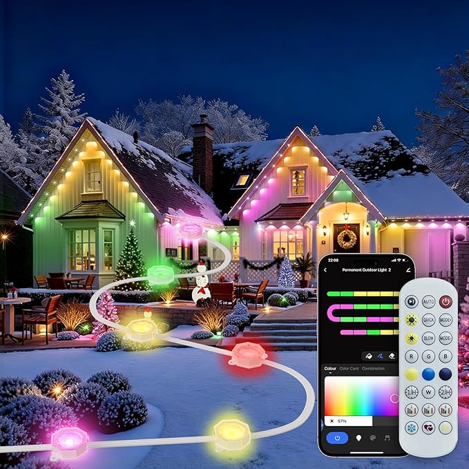 Permanent Outdoor Lights for House IP67 Waterproof with 10 RGB+IC Permanent Holiday Lights 16.4ft Eaves Lights Outdoor DIY Scene for Halloween Christmas Decor Work with Google Assistant Alexa