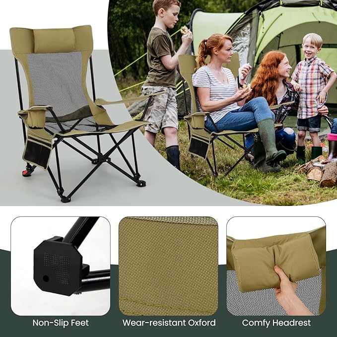 Tangkula Reclining Camping Chair 2 in 1 Porable Folding Lawn Chair with Removable Footrest 4-Position Adjustable Backrest Cup Holder &amp Side Pocket Carry Bag (2 Green)