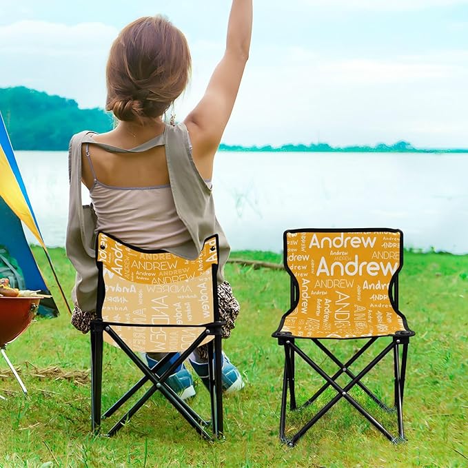 Sinestour Orange Custom Folding Camping Chair for Teen Child Personalized Name 14.6×14.6in Portable Outdoor Chair with Carry Bag for Picnic Barbeques Beach