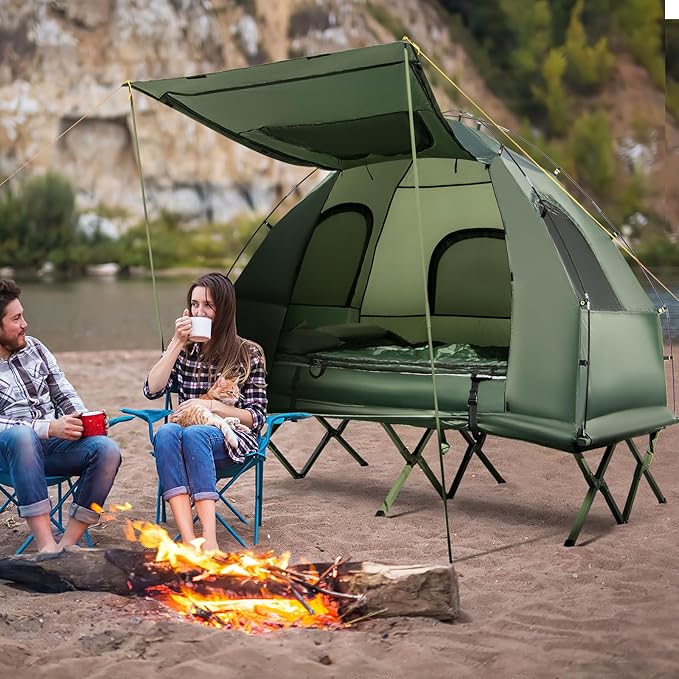Tangkula 5-in-1 Tent Cot Combo With Awning Air Mattress Sleeping Bag Pillow Elevated Single Tent With Carrying Bag for Outdoor Camping Hiking Picnic Travel