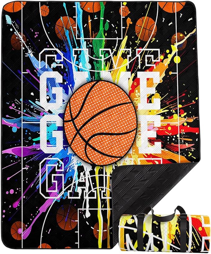 Outdoor Picnic Blanket Portable Ultrasonic Waterproof Picnic Cartoon Basketball Printed Camping Beach Mat for Sand and Wet Grass Hiking (Cartoon Basketball S