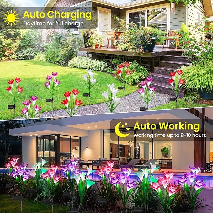 KOOPER Outdoor Solar Lights 6 Pack Solar Garden Light with Bigger Lily Flowers Waterproof 7 Color Changing Solar Lights Outdoor - Bigger Panel for Patio Yard Garden Decoration Gift for Mom