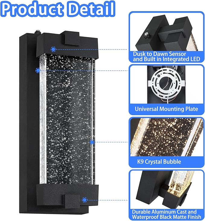 Black Wall Sconce with K9 Crystal Bubble and Dusk to Dawn Sensor Exterior LED Wall Mounted Light Modern Porch Lantern Light Fixture for Indoor and Outdoor