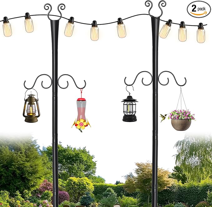 2 Pack Outdoor Patio Light Poles for String Lights 10Ft Heavy Duty Metal String Light Poles with Shepherds Hooks for Hanging Plant &amp Bird Feeder Deck Pole for Outdoor Strings Lights