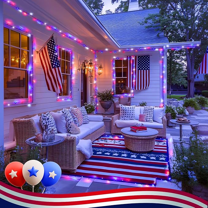 JMEXSUSS Red White and Blue Lights Outdoor Indoor 2 Pack 100 LED 4th of July String Lights Battery Operated Waterproof for Patriotic Decoration Outside House Garden Tree
