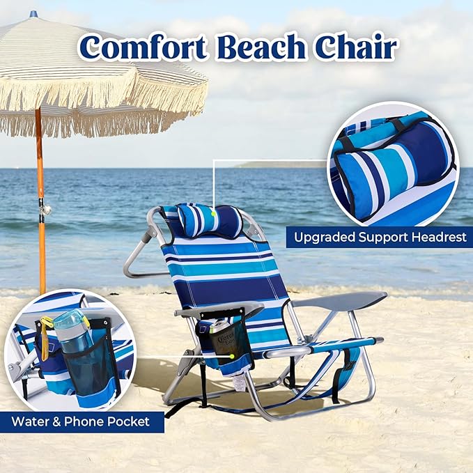 Portable Beach Chair for Adults Outdoor Camping Chair Lay Flat Folding Backpack Beach Reclining Chair with 5 Positions Headrest Zipper Pouch Cup Holder Blue Green