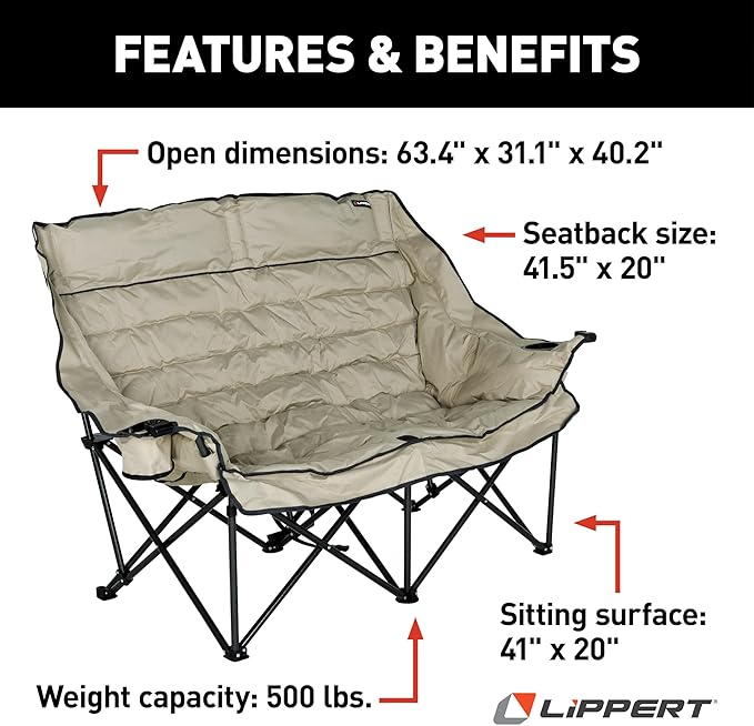 Lippert Big Bear Sand Folding Camping Loveseat with 500-lb. Weight Capacity Durable Mesh Fabrics High-Loft Cushioning Dual Cupholders Storage Pocket Zippered Carrying Bag - 2023053718