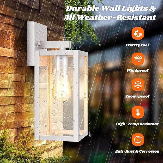 Brightever 2-Pack Outdoor Wall Light Fixtures Waterproof Anti-Rust Outside Wall Sconce Lantern with Clear Glass Exterior Front Porch Lights for House Garage Doorway Bulbs Not Included White
