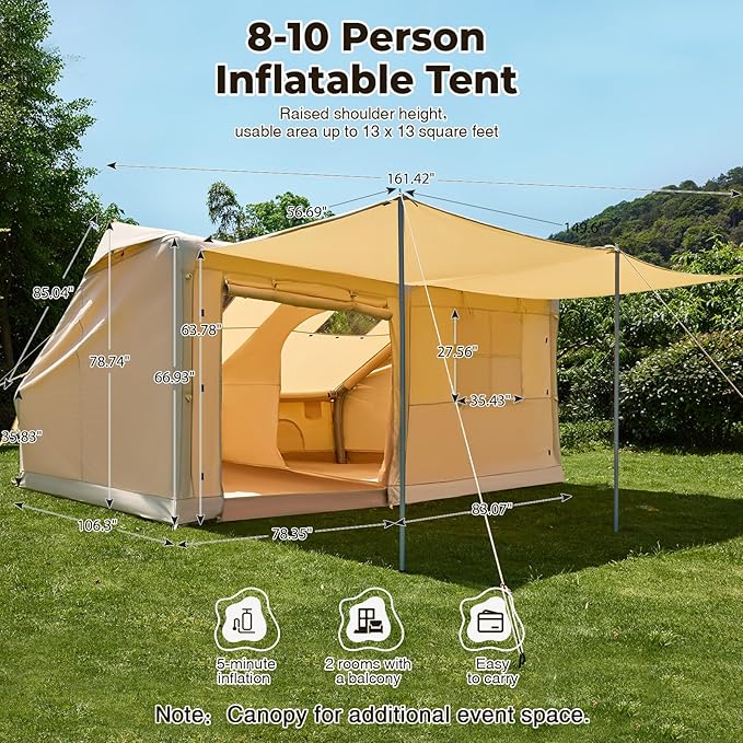 YOLENY Inflatable Tents for 8-10 People 600D Oxford Blow up Tent with Extended Canopy Easy Set-up Waterproof Glamping Cabin for 8-10 People