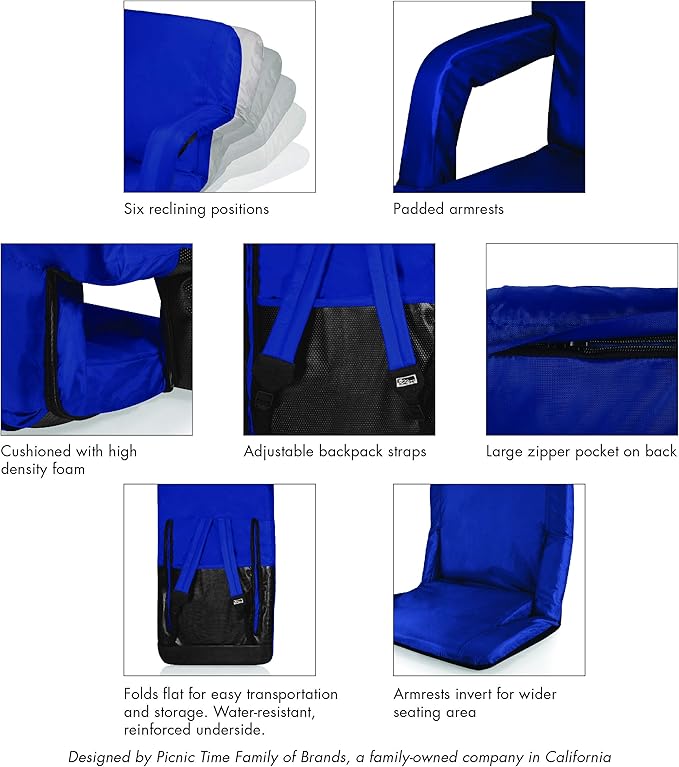 PICNIC TIME Star Wars R2-D2 Ventura Reclining Stadium Seat with Back Support Portable Bleacher Floor Beach Chair with Cushion Backpack Straps (Navy Blue)