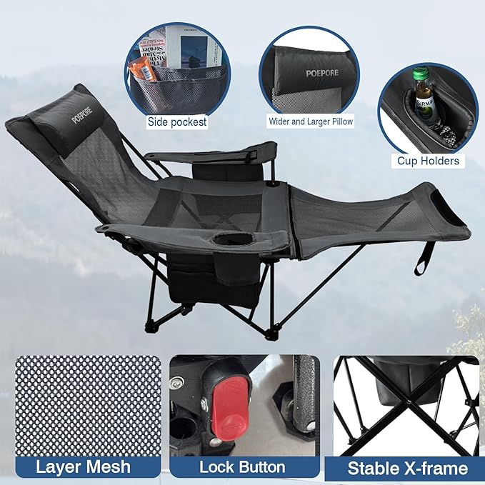 Reclining Camping Chair 4 Position with Foot Rest Comfortable for Adults 265Ibs Folding Lounger Mesh Beach Chair with Cooler BagCotton Cushion and Cup Holder for Outdoor Patio