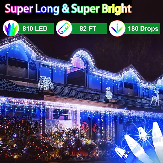 82FT 810 LED Outdoor Christmas Lights - 180 Ice Drops 12 Pro Modes with Timer Memory &amp Brightness Waterproof Hanging Ice String Light for Holiday Wedding Garden Fence House Decor (White &amp Bl