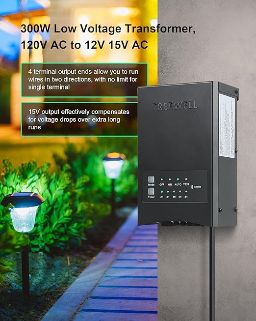 300W Low Voltage Landscape Transformer Outdoor Landscape Lighting Transformer with Photocell Sensor &amp Timer 120V AC to 12V/15V AC Weatherproof Transformer for Spotlight Pathway Light