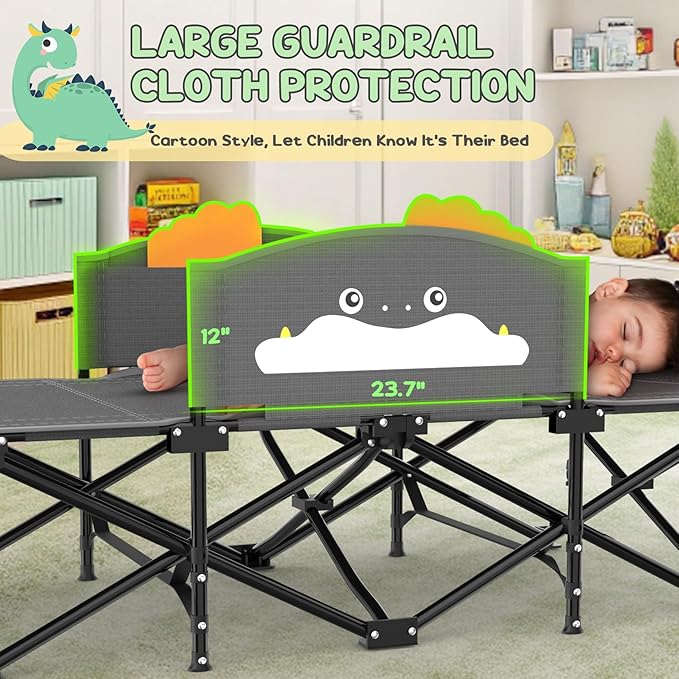 Slendor Toddle Cot Toddler Portable Bed w/Cartoon Handrail Blanket (5ft x 4ft) Folding Toddler Cots for Camping Travel Bed Extra Long Cot Length 56 Support 330 Lbs Gray