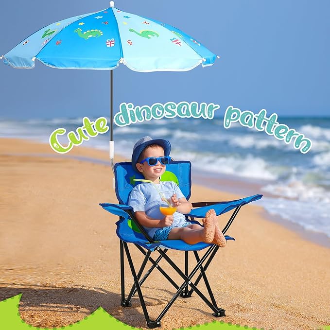 Outdoor Toddler Camping Chair with Umbrella Foldable Beach Chairs with Safety Lock for Kids Waterproof Lawn Kids Folding Chair for Outside Beach Travel(Dinosaur)