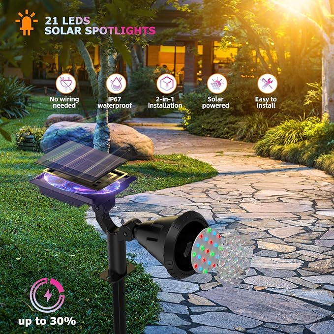 Color Changing Solar Spot Lights Outdoor 21 LEDs Brightness Solar Pathway Lights Outdoor IP67 Waterproof Exterior Solar Lights for House 2-in-1 Solar Flood Lights Outdoor for Yard