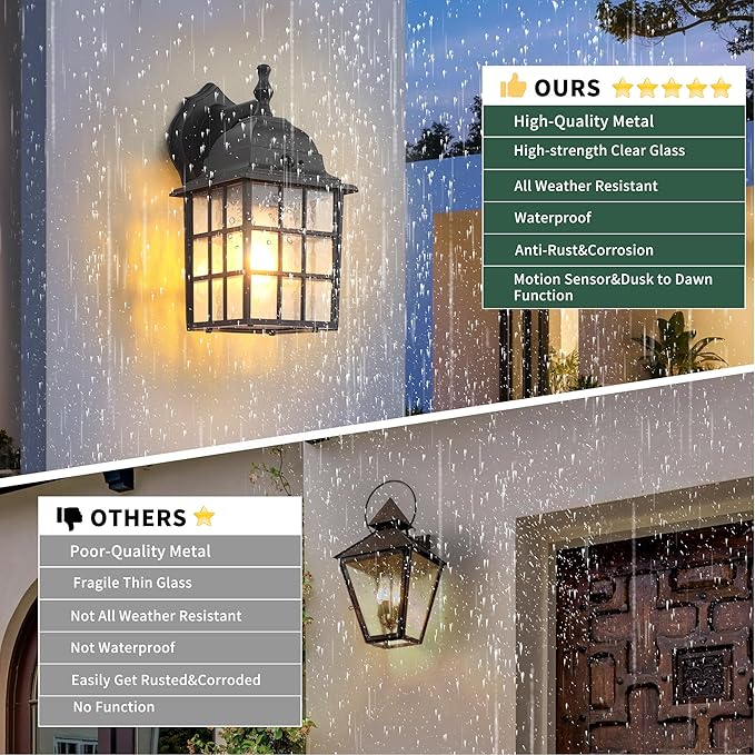 Motion Sensor Dawn to Dusk Sensor Outdoor Wall Light Fixtures Waterproof Anti-Rust Exterior Lighting Fixtures Black Outdoor Wall Lantern for Porch House