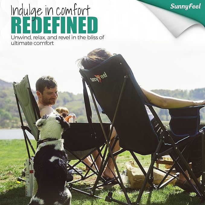 SUNNYFEEL Oversized Rocking Camping Chair Fully Padded Patio Chair with Side Pocket High Back Portable Lawn Recliner with Headrest Outdoor Camp Rocker Chairs for Adults Heavy Duty 500 LBS Carry Bag