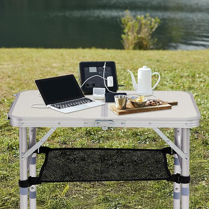 Portable Aluminum Folding Camping Table3-Height Adjustable Lightweight Outdoor Table with Mesh Storage Carry Handle for Picnic BBQ Beach Hiking (White 2ft)