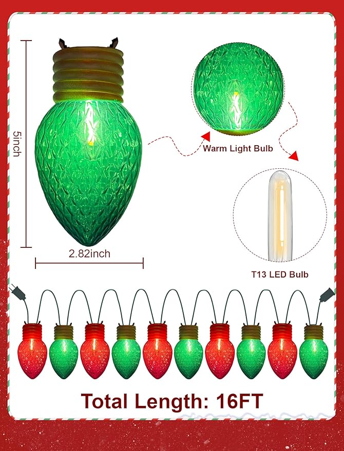 Jumbo Christmas Lights 16FT Giant Christmas Lights with 10 5'' LED Red Green Giant Strawberry Bulbs C7 Hanging Xmas Light for Patio Garden Party Outdoor Xmas Decorations