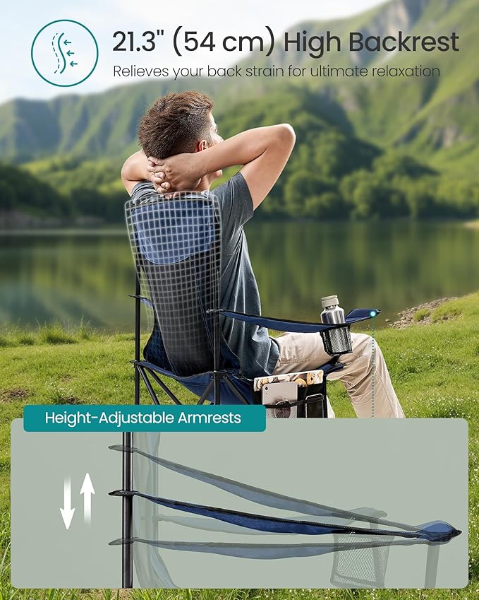 SONGMICS Breathable Camping Chairs Foldable Outdoor Chairs Set of 2 High Back Adjustable Armrests Drink Holder Weight Capacity 330 lb for Sports Garden Backyard Harbor Blue UGCB028Q01
