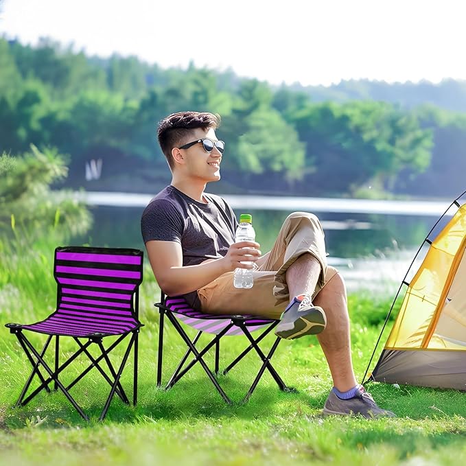 KLL Purple Black Strips Compact Folding Chairs Ultra Lightweight Camp Chair with Carrying Bag Ice Fishing Chair with Back for Hiking Camping