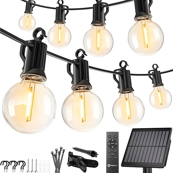 Brightown Solar String Lights Outdoor Waterproof with Remote Cable Ties and Hooks 38FT Patio Lights with 15 LED Shatterproof Bulbs 3 Light Modes Dimmable Hanging Lights for Backyard Party Decor