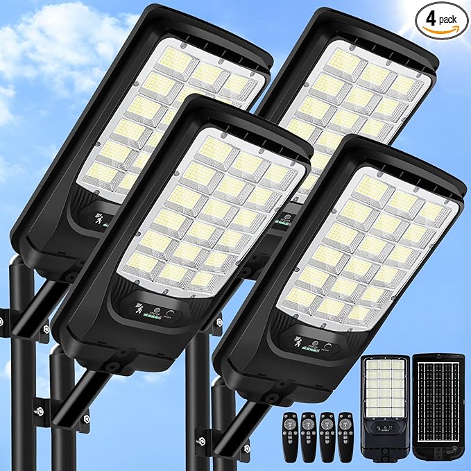 Solar Street Lights Outdoor Waterproof 21000LM 6500K LED Motion Sensor Lights Dusk to Dawn Solar Flood Lights with Remote Solar-Powered Parking Lot Light Commercial Area Lighting for Outside 4Pack