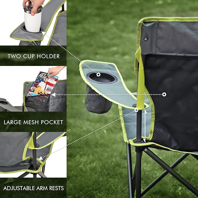VILLEY Double Camping Chair Extra Wide Loveseat Heavy Duty Padded Camping Couch Portable Folding Camp Chair w/Carry Bag Steel Frame Cup Holders for Camping Lawn Picnic Sports Supports 500 LBS