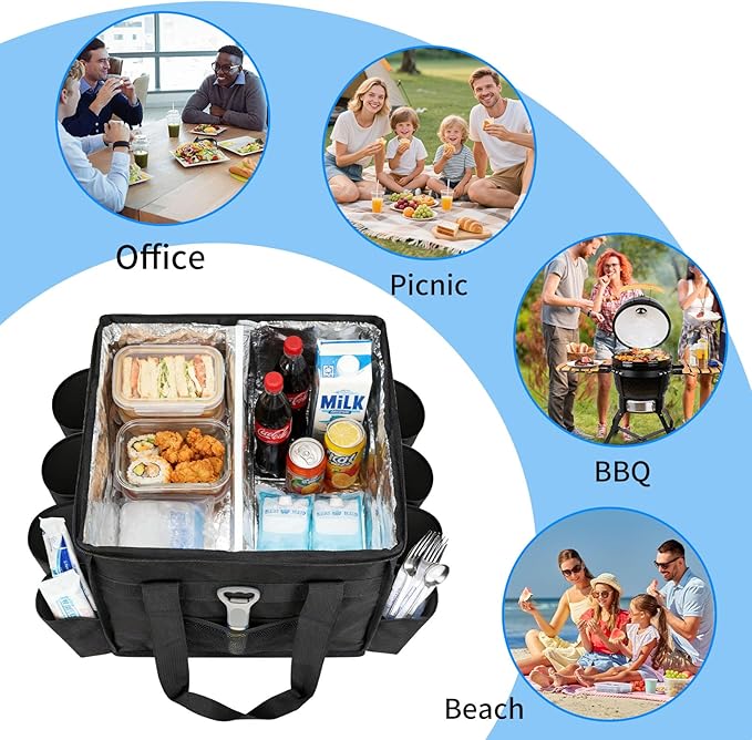 Insulated Food Delivery Bag with 8Cup Holderremovable partition plateThermal Cold/Hot Separationfor Beverages Parties Grocery Food Transport Hot &ampCooler Bags
