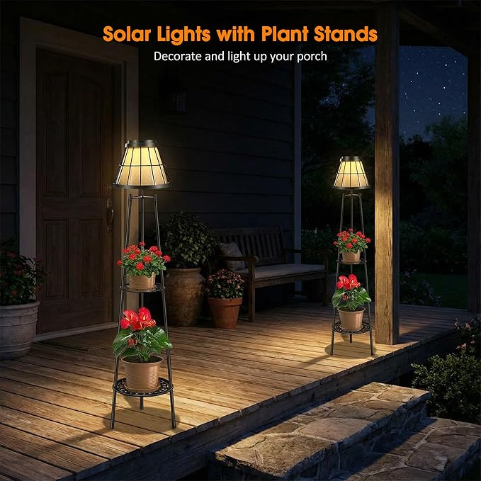 2 Pack Solar Floor Lamps Outdoor with 2-Tier Plant Stand Metal Tall Planter Holder with Waterproof LED Lantern Decorative Patio Light &amp Flower Pot Display Rack for Garden Deck Porch Balcony