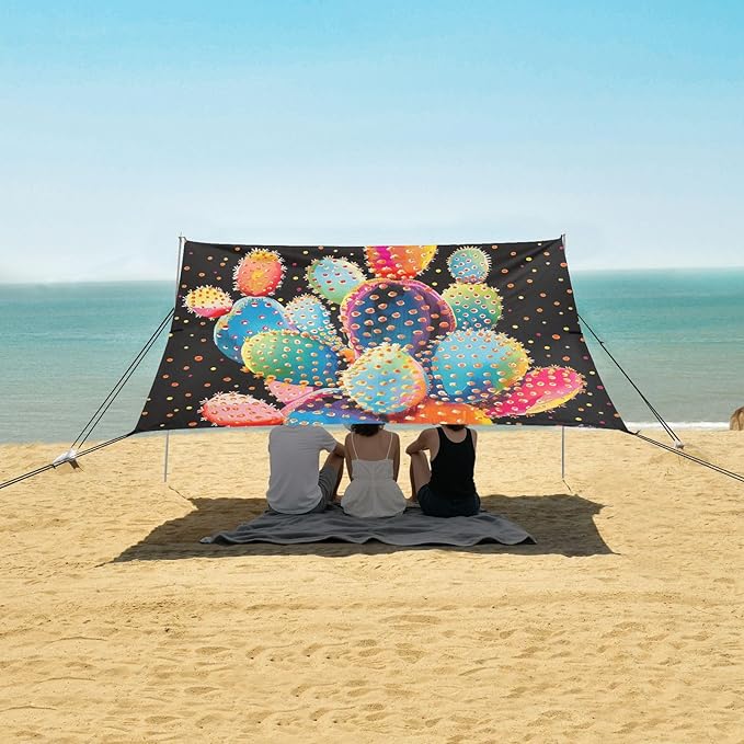 ALAZA Rainbow Cactus Cacti Polka Dots Beach Tent Sun Shelter UPF50+ Protection Beach Shade Canopy w/ 4 Sandbags for Outdoor Camping Fishing Backyard Fun Picnic 10x9 ft