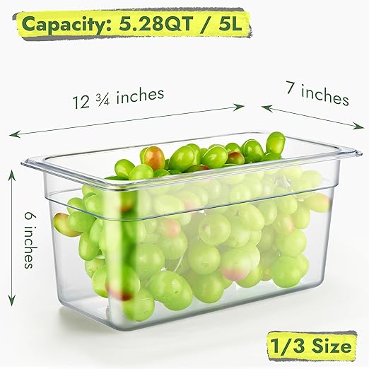 CURTA 6-Pack 1/3 Size 6 Deep NSF Polycarbonate Food Pans with Handled Lids &amp Drain Trays | Dishwasher &amp Freezer Safe Clear Container for Prep Tables Buffet Salad Bar Commercial &amp Home