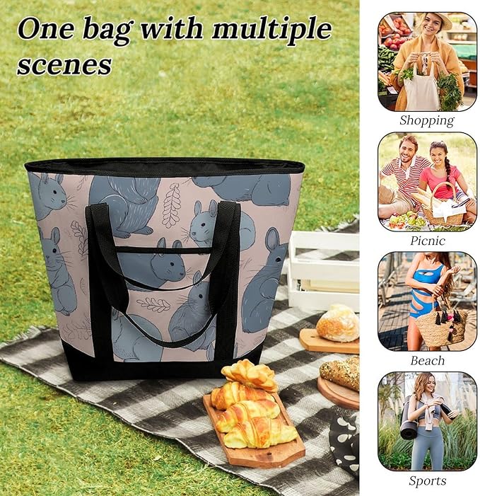 Insulated Shopping BagLarge Reusable Cooler Bags Blue Chinchillas Printed Foldable Shopping BagTravel Waterproof Shoulder Bag