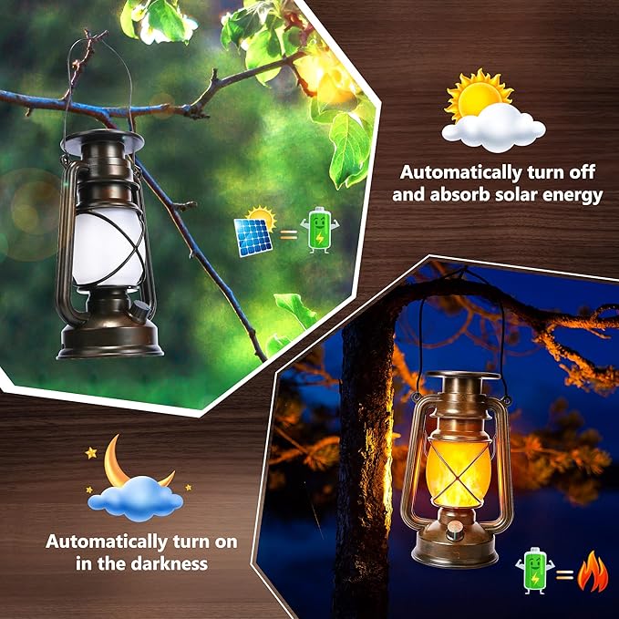 Toodour Solar Lantern Outdoor Lights 2 Pack Bronze Vintage LED Lantern with 2 Modes Waterproof Hanging Solar Lights for Camping Patio Garden Yard Outdoor Decorations