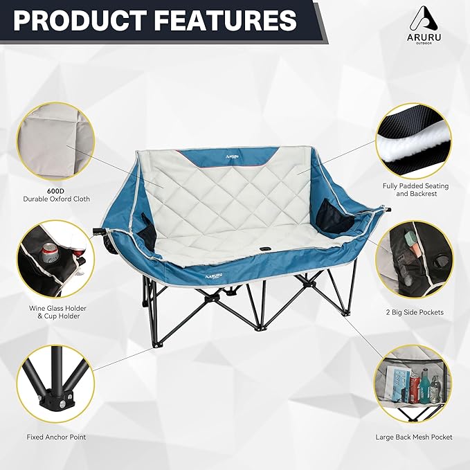 Double Camping Chair Padded Oversized Camping Loveseat for Adults 2 Person Couch Two Seat Support 600LBS Heavy Duty Folding Camp Lawns Chairs for Outdoor Beach Backyard Tailgating Sports
