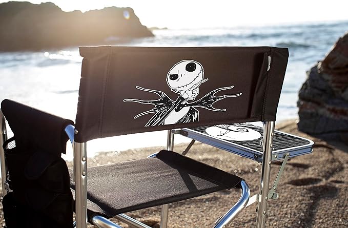 Picnic TIME Disney Nightmare Before Christmas Jack Sports Chair with Side Table Folding Beach and Camp Chair Portable Outdoor Chair with Carry Strap and Storage Pockets (Black)