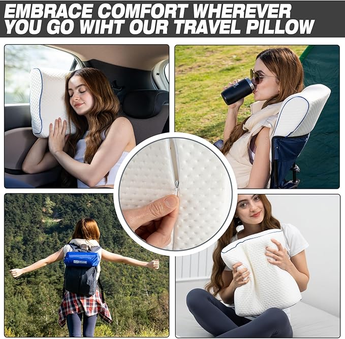 Travel &amp Camping Comfortable Memory Foam Pillow – Easy to Carry Portable Bag – Temperature Regulating Pillow Case - Perfect for Travelling (White Contour)