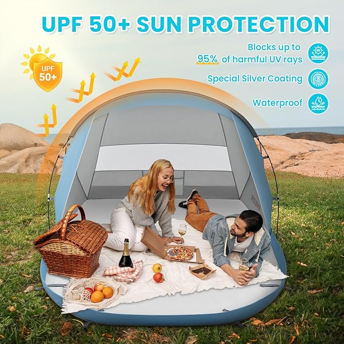 #WEJOY Beach Tent Sun Shelter Windproof Reinforced 9.5mm Frame 4 Person Easy Up Beach Shade UPF 50+ UV Protection Beach Cabana Travel Canopy Portable Sun Shelter for Beach Baby &amp Family