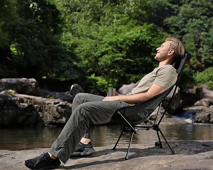 MARCHWAY Lightweight Folding High Back Camping Chair with Head Support Stable Portable Compact for Outdoor Camp Travel Beach Picnic Festival Hiking Backpacking (Highback Black)