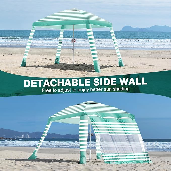 Rhino Valley Beach Cabana 8 * 8FT Beach Tent UPF50+ Protection Easy Setup Beach Canopy Wind Resistant with Cup Holder Compact Beach Shade Foldable Beach Tent Sun Shelter Green White